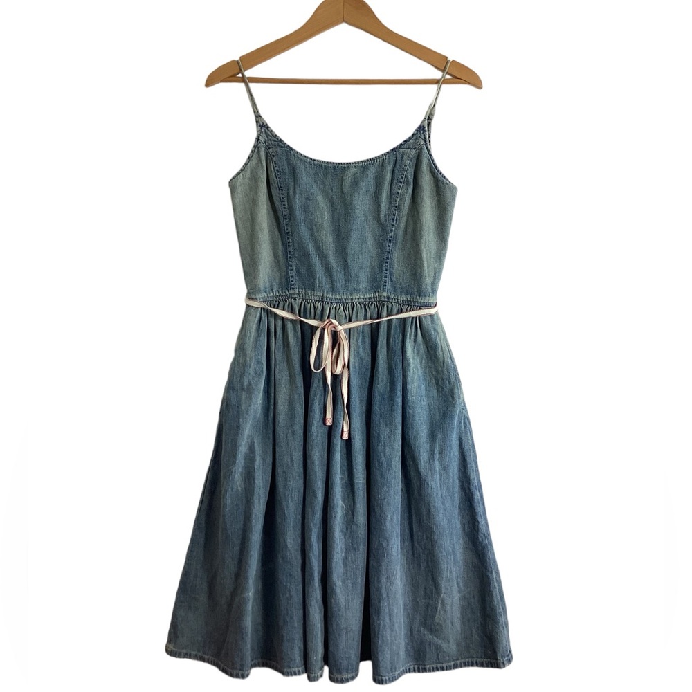 Vtg Ralph Lauren Denim Belted Spaghetti Strap Cottagecore Midi Dress Siz…
